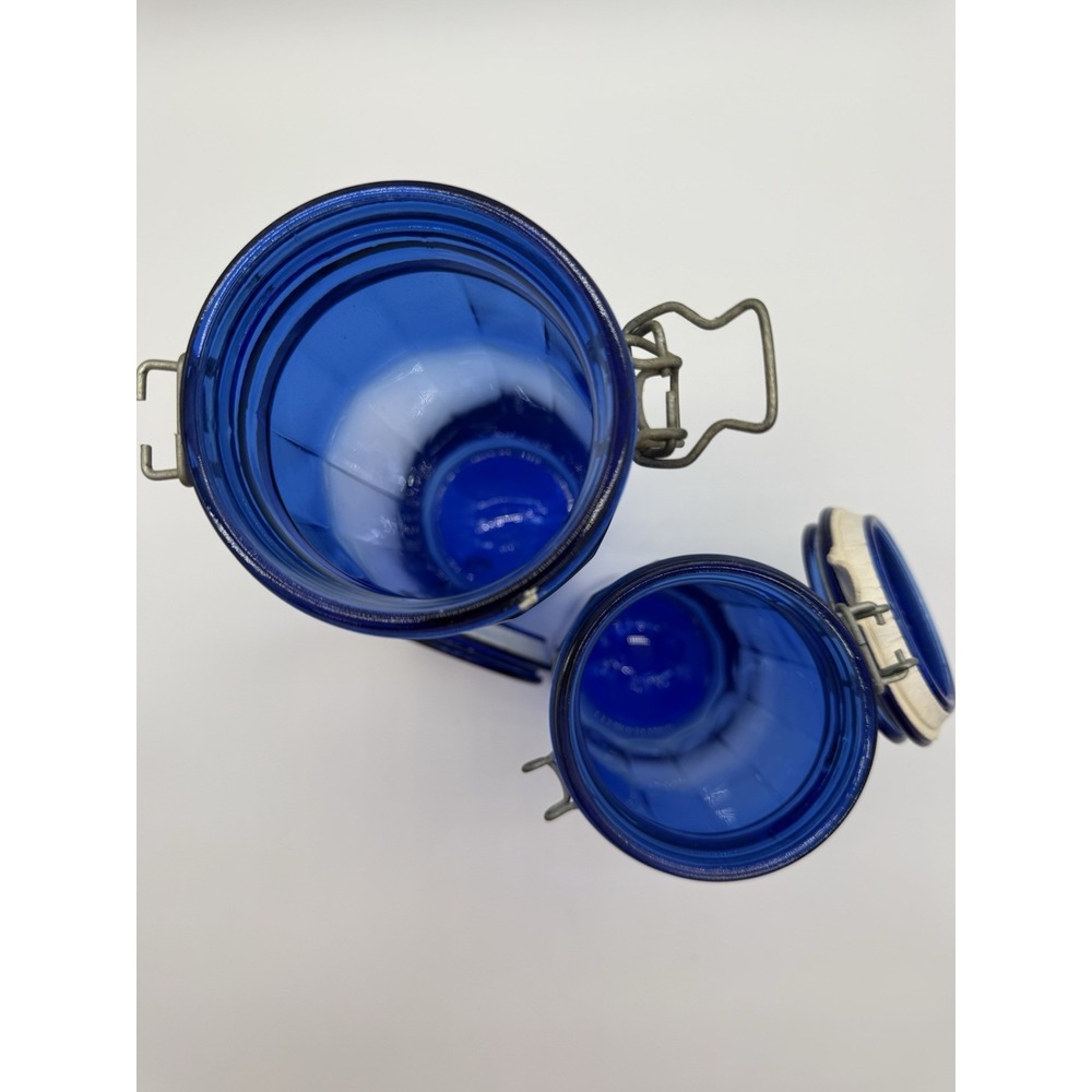 VTG Set Of 13" & 10" Cobalt Blue Glass 12-Panel Wire Bail Clamp Canisters w/Lids - Picture 7 of 9